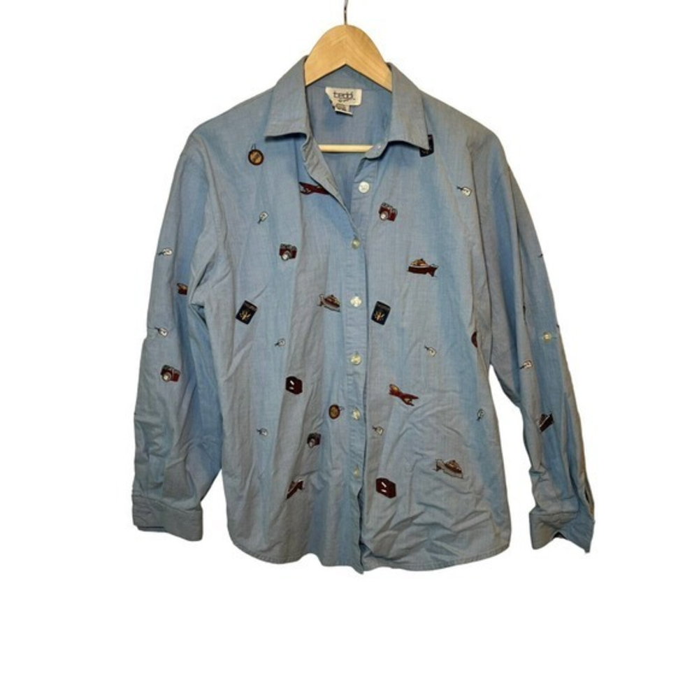 Teddi Womens‎ Button Up Shirt Chambray Denim Embroidered Travel Eclectic Large